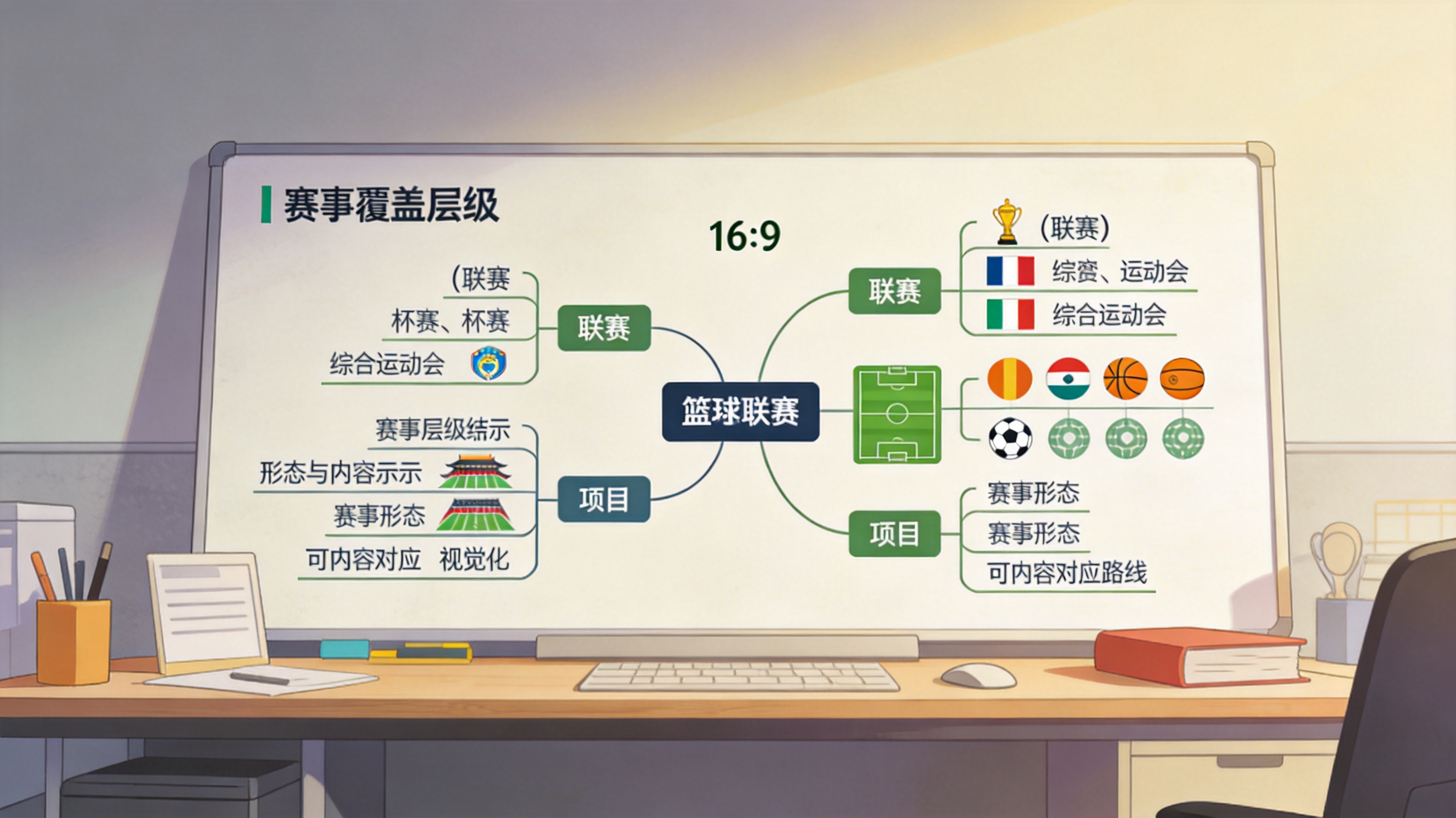 足球联赛与篮球联赛赛程结构的编辑示意图，用于说明赛事覆盖层级